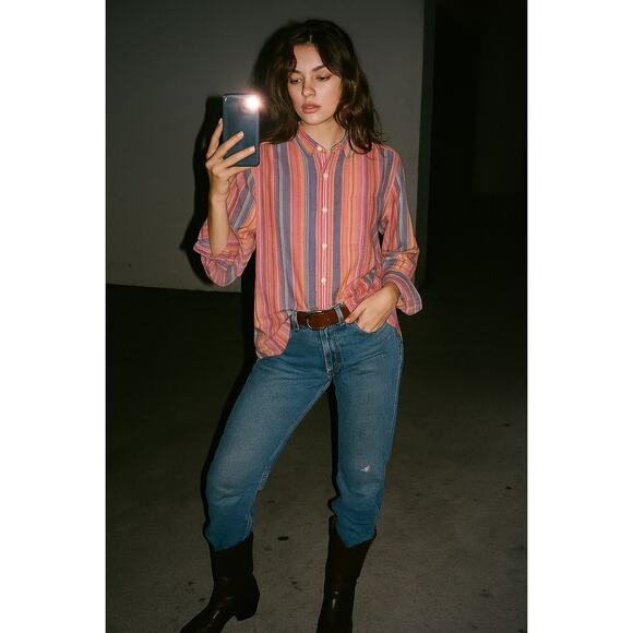 Vintage Ralph Lauren Jeans Co Pink Striped Button Down Shirt Cotton Medium - Picture 1 of 6